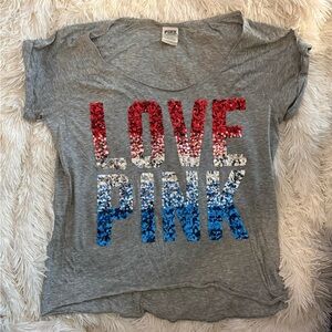 PINK Victoria’s Secret “LOVE PINK” Red White and Blue Sequin Tee